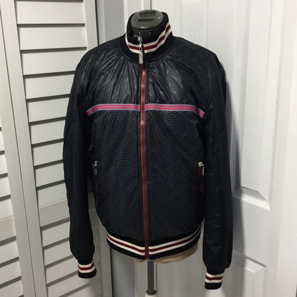 Reversible Italian Men's Navy Bomber Jacket with Burgundy Trim